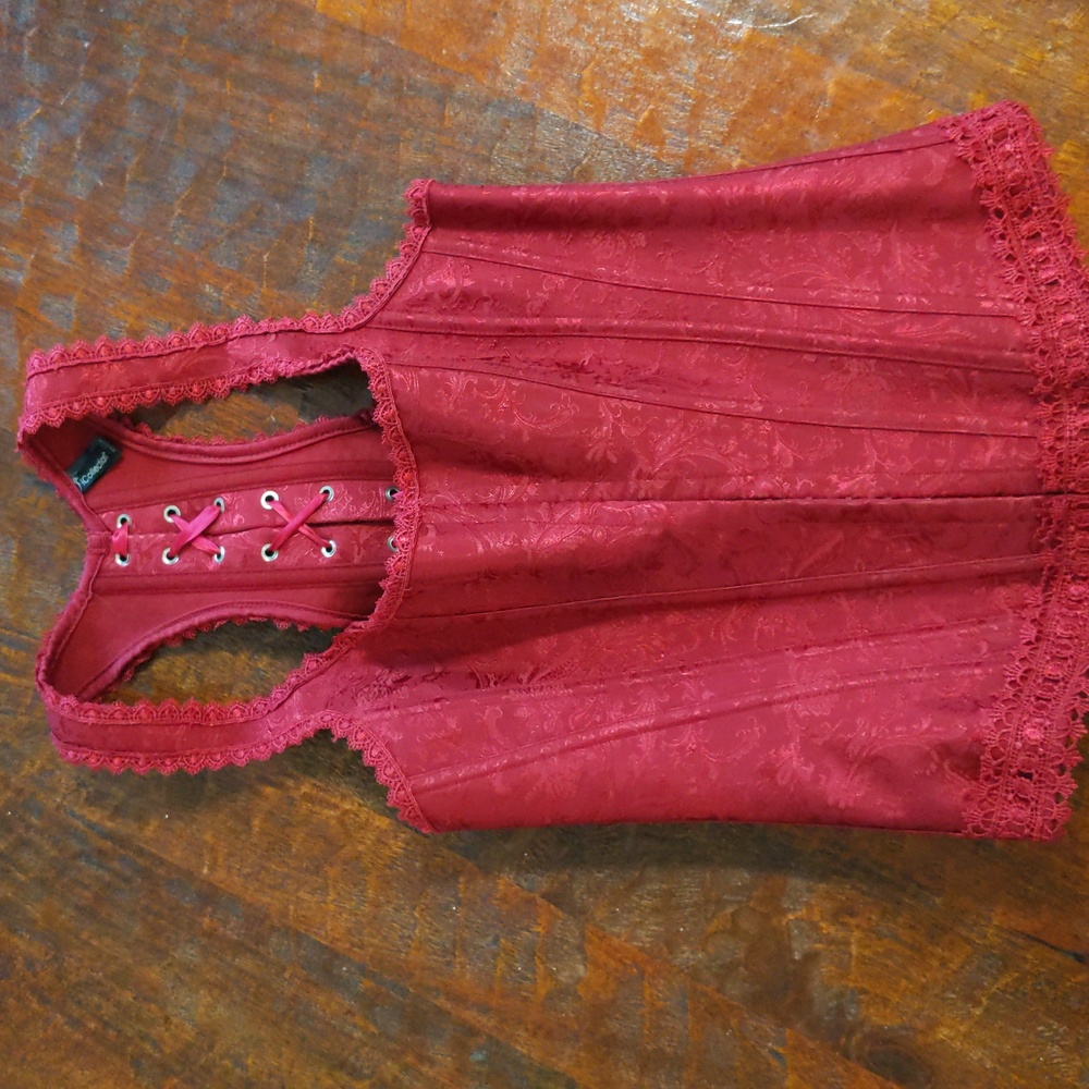 SOLD EUC Victorian Edwardian Dirndl Style Wine Burgundy Corset Vest Top Boning